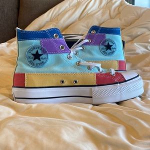 Woman’s size 10 converse. Platform Blue, purple, yellow, teal, orange/red